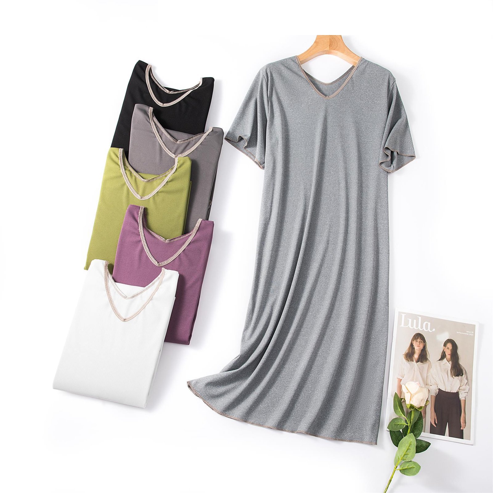 Vapetix Free Size-Increase the code Pure Color V-neck Short Sleeve Women's Summer New Short Sleeve Thin Loose Medium Long Dress Home Dr – Bild 8