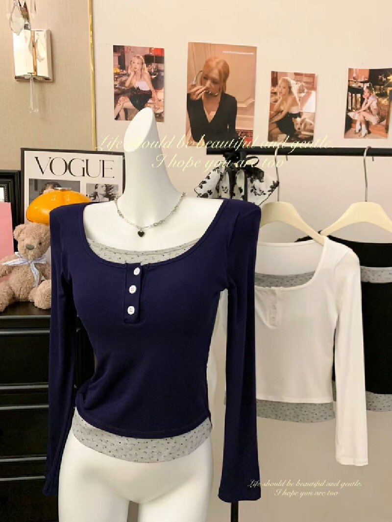 Vapetix Free Size-Free Size Oversized color-blocked two-piece button-down long-sleeve T-shirt for women, perfect for early autu – Bild 5