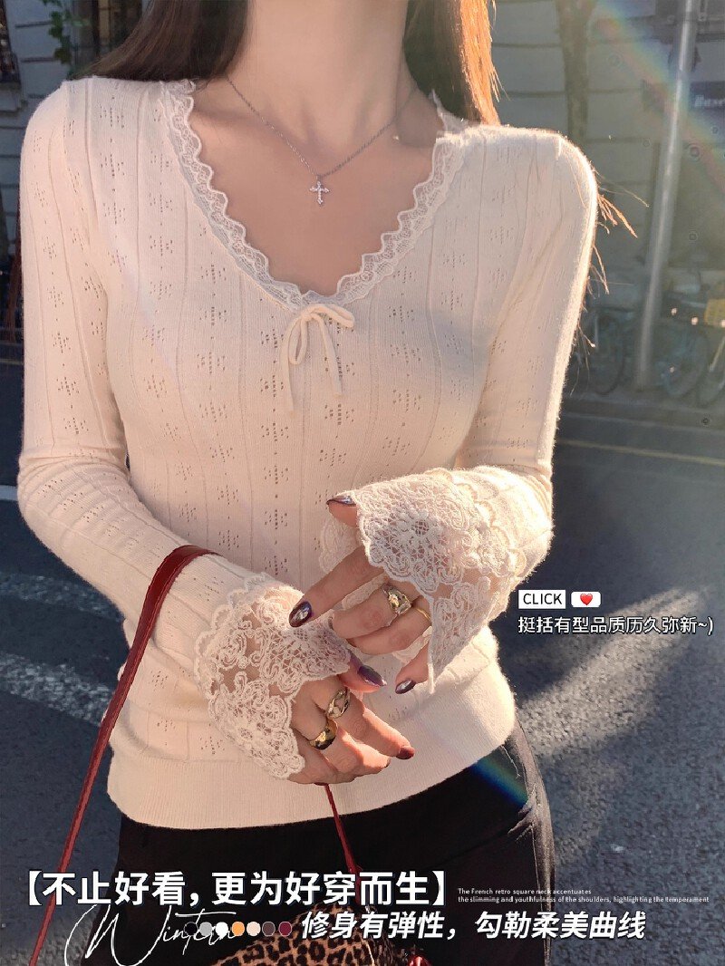 Vapetix Free Size-Free Size Apricot V-neck Lace Camisole Top Women's Underwear Layering 2025 Early Autumn New Design Knitwear S – Bild 5