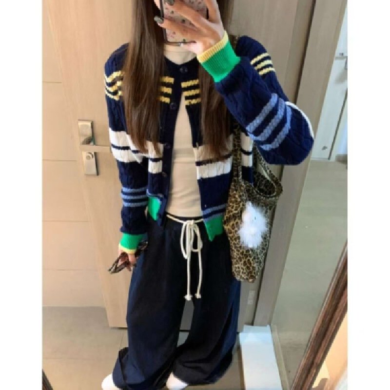 Vapetix Free Size-Free Size Retro Striped Knit Cardigan 2025 Color-blocked Spring New Korean Style Sweatshirt Casual and Good-l – Bild 6