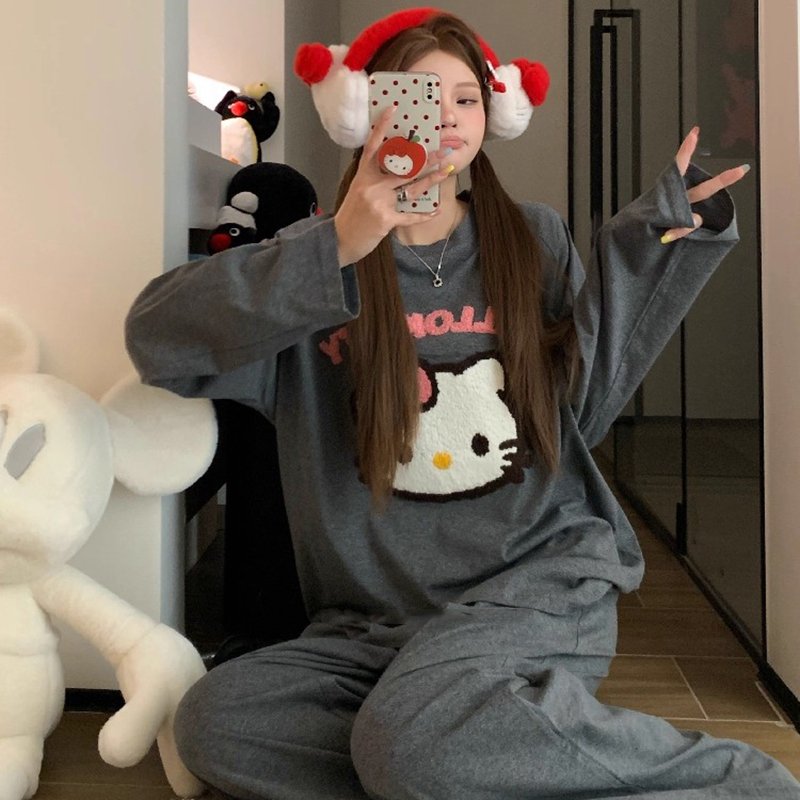 Vapetix M-XXL YMX—High-Quality Embroidered Cartoon Kitty Cat Fleece Pajamas for Women Autumn/Winter Long Sleeve C – Bild 5