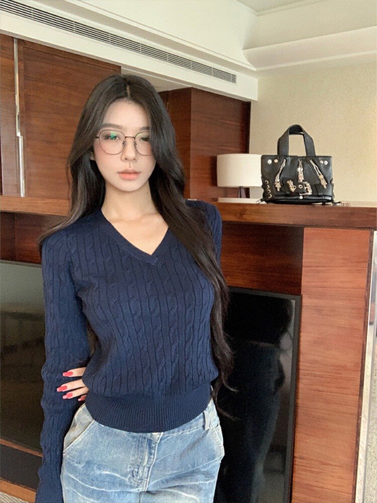 Vapetix Free Size-Free Size Simple Grey Cropped V-Neck Cable-Knit Sweater for Women – 2025 Autumn Pullover Base Layer with Long – Bild 7