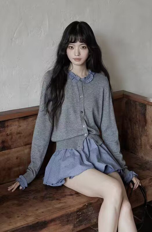 Vapetix Free Size-Free Size French-style niche design high-end academic style petite long-sleeved splicing knit sweater top – Bild 4