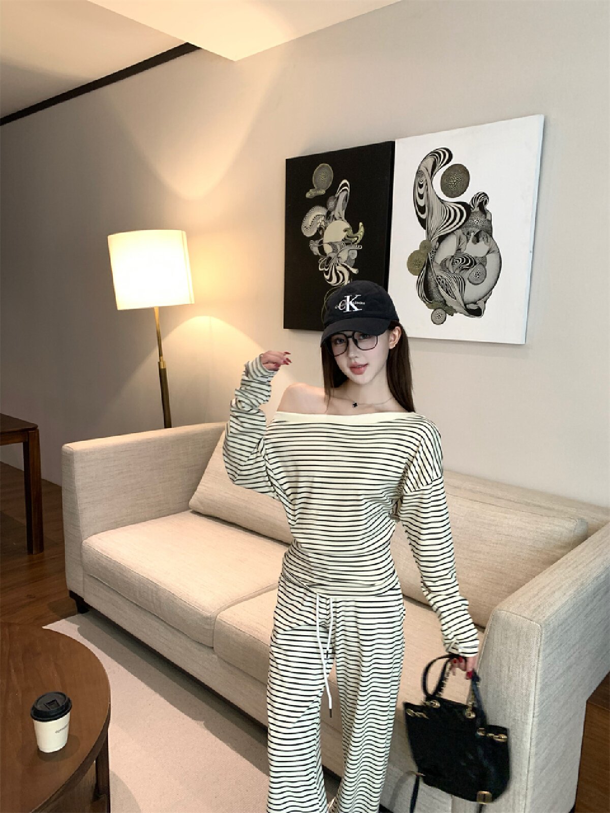 Vapetix Free Size-Free Size Photographed~ Early Autumn Sloping Shoulder Long Sleeve Tied-Waist Black and White Striped Top + Fi – Bild 8