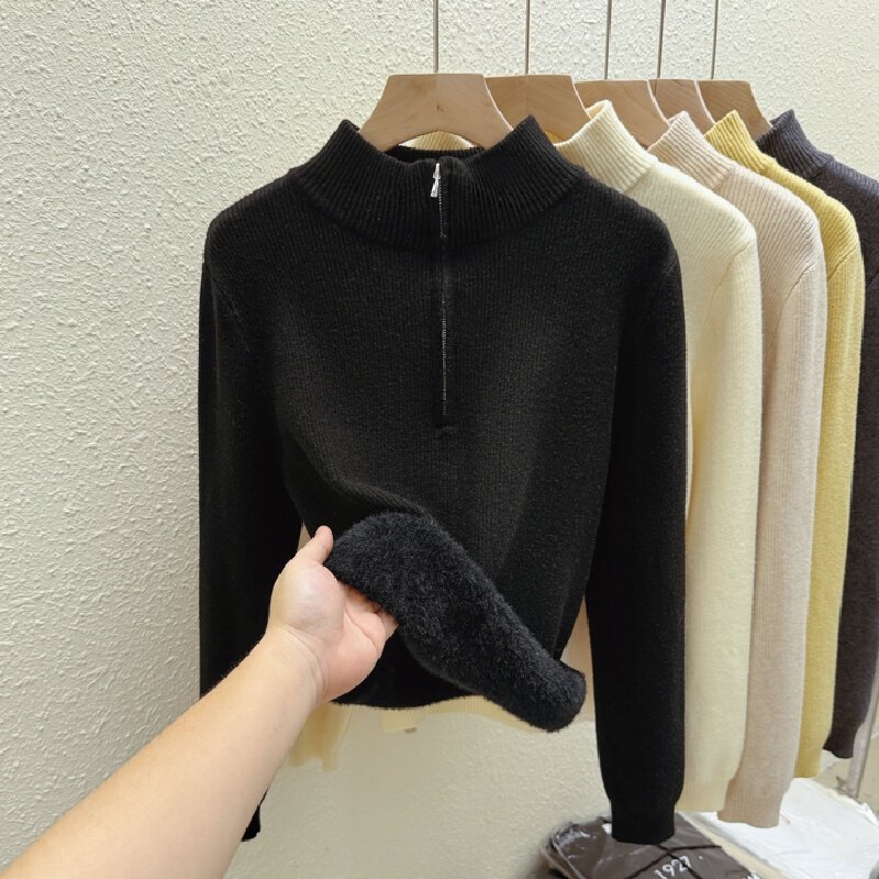 Vapetix Free Size-Free Size Real-shot Fleece-Integrated Mock-Neck Zip-Up Knit Sweater for Women – Thickened & Padded Fall/Winte – Bild 5