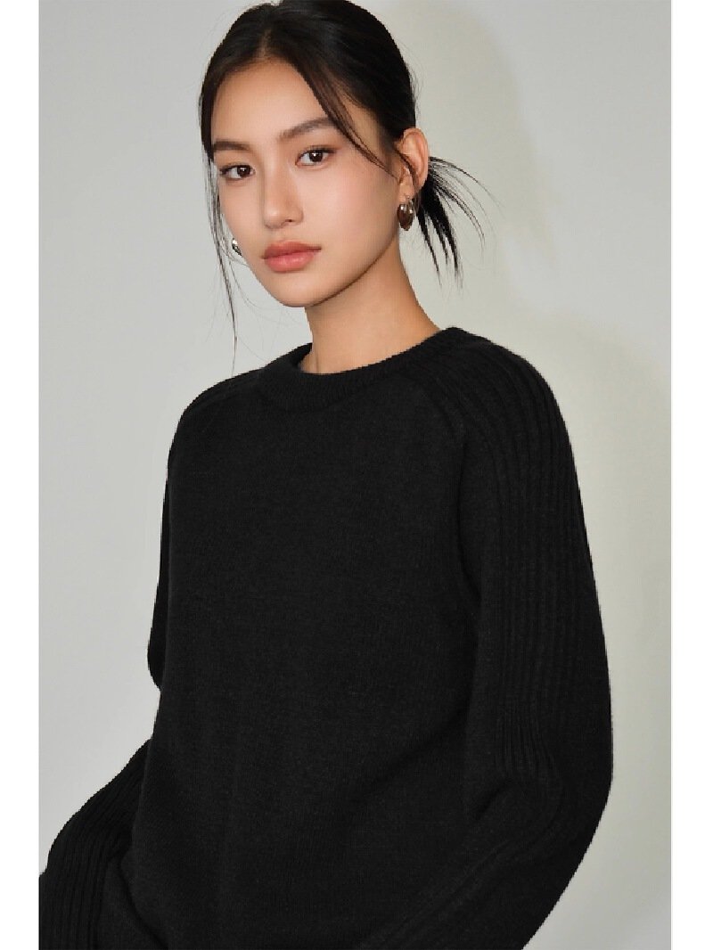 Vapetix Free Size-Free Size Women's Loose Black Round Neck Sweater, New Autumn/Winter Korean Style Long Sleeve Casual Hoodless – Bild 6