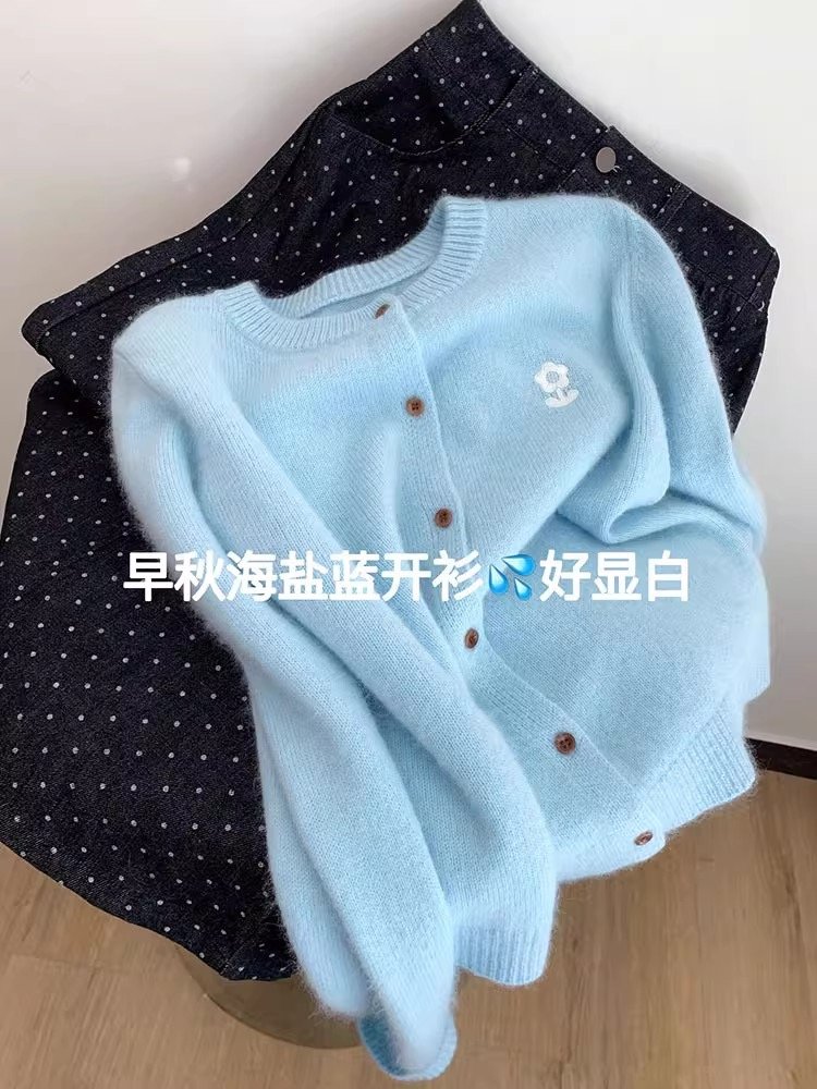 Vapetix Free Size-Free Size Korean Style 2025 Early Autumn New Round Neck Long Sleeve Floral Embroidered Wool Knit Cardigan Top – Bild 6