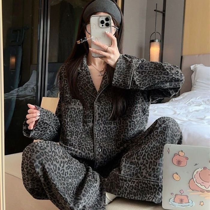 Vapetix M-XXL YMX - High-Quality German Wool Nightgown Set for Women, Winter Korean-Style Luxurious Leopard Print – Bild 5