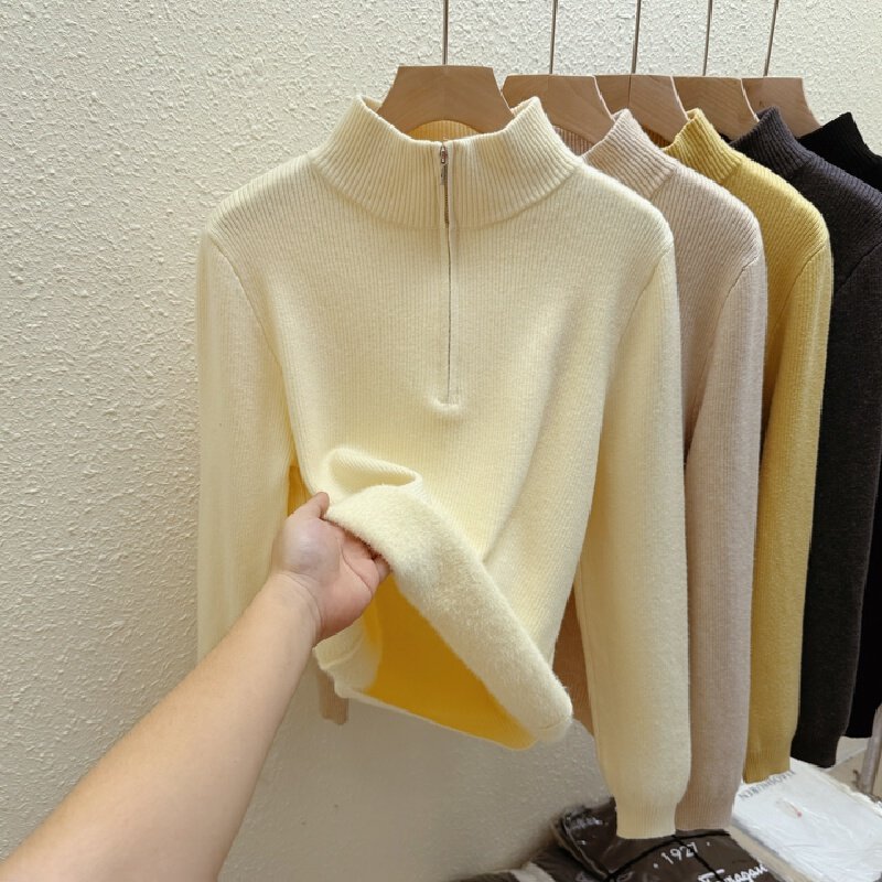 Vapetix Free Size-Free Size Real-shot Fleece-Integrated Mock-Neck Zip-Up Knit Sweater for Women – Thickened & Padded Fall/Winte – Bild 6