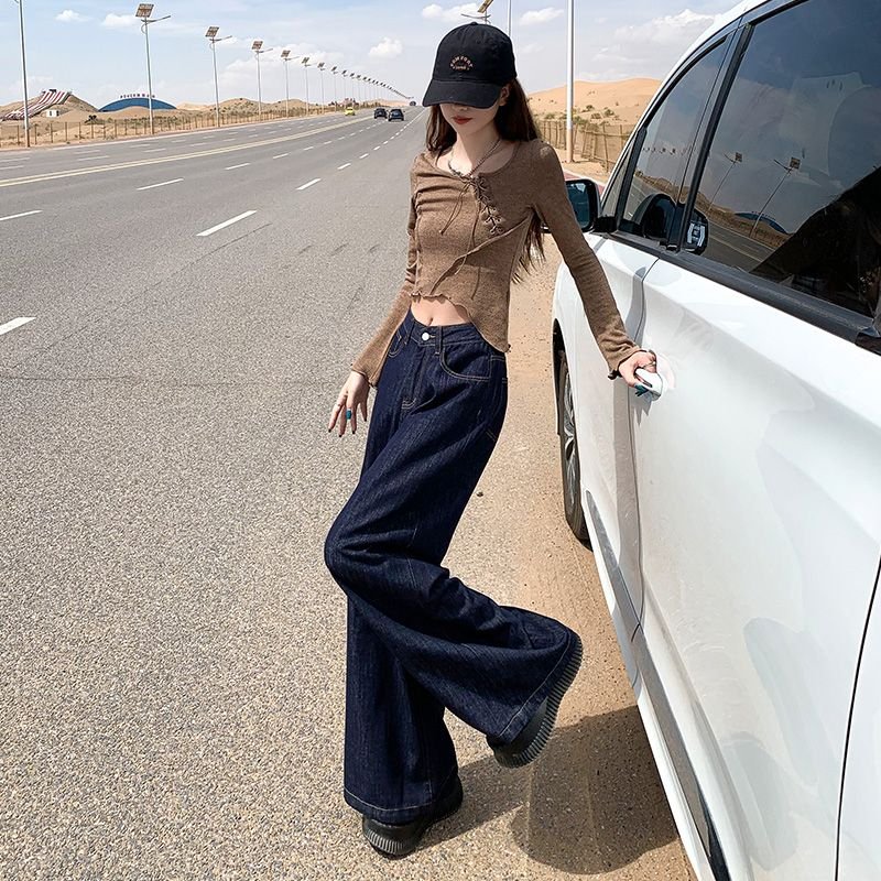 Vapetix XS-XL Autumn American Retro Non-Fading Loose Wide Leg Denim Jeans for Women, Flowy Leisure Drop-Waist Gro – Bild 6