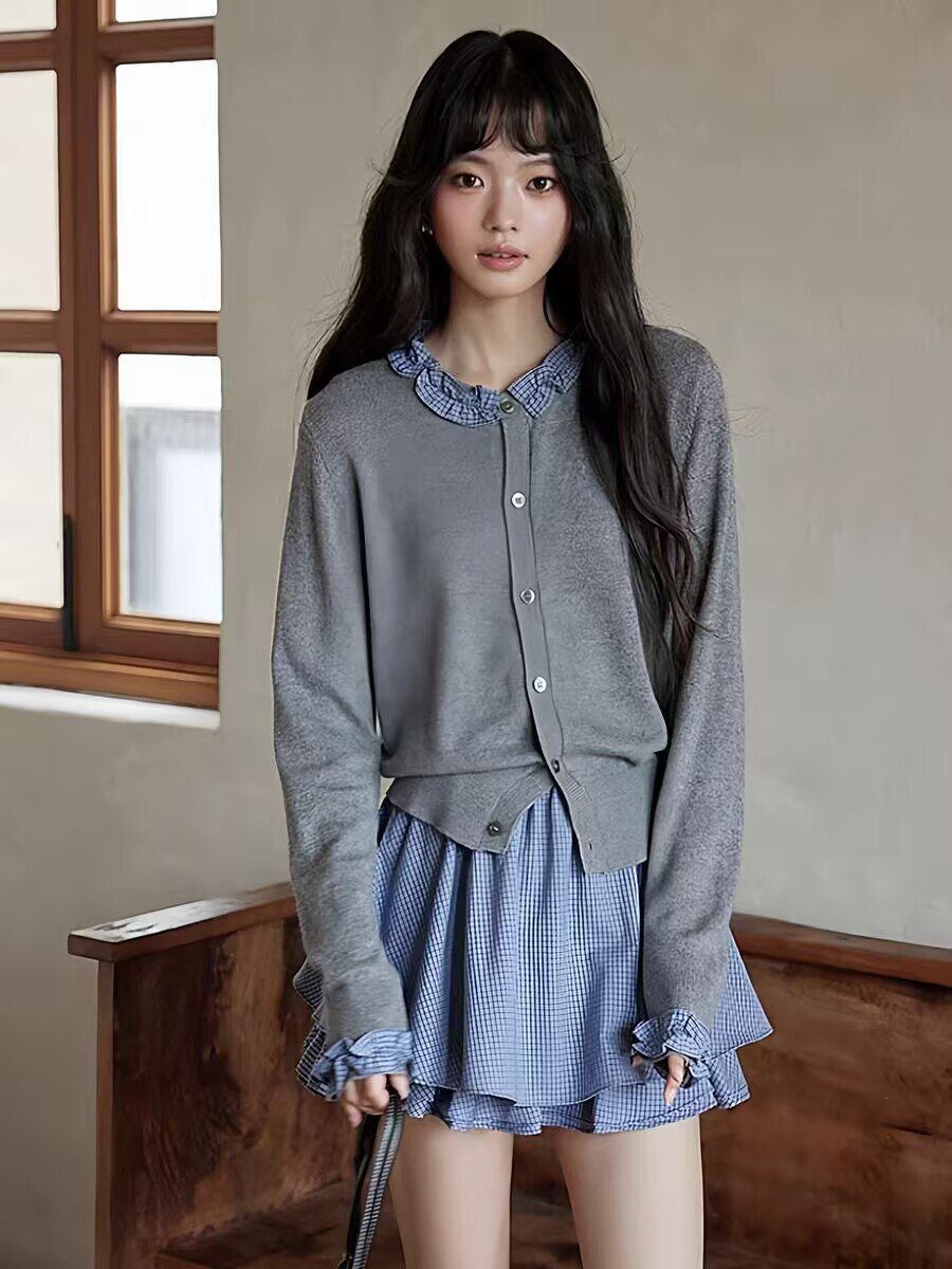 Vapetix Free Size-Free Size French-style niche design high-end academic style petite long-sleeved splicing knit sweater top – Bild 8