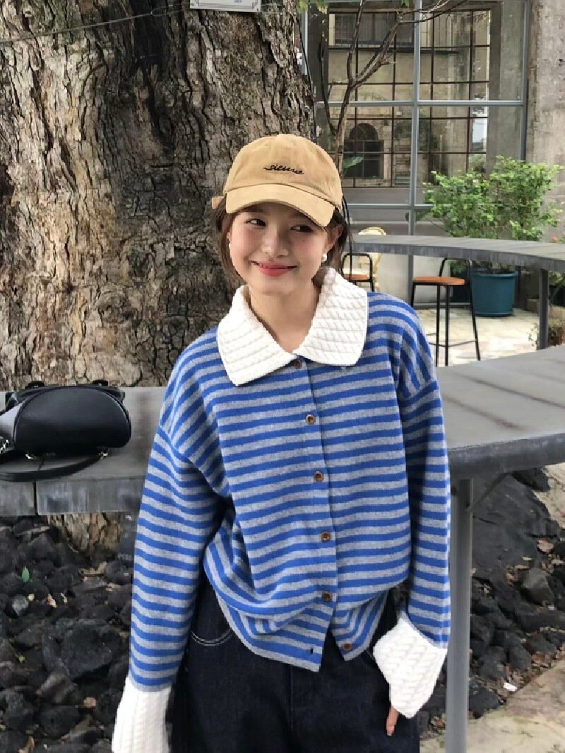 Vapetix S-XL 2025 New Korean-style Loose-Fit, Slimming Design-Statement Striped POLO-Neck Long-Sleeve Knitted Sw – Bild 7