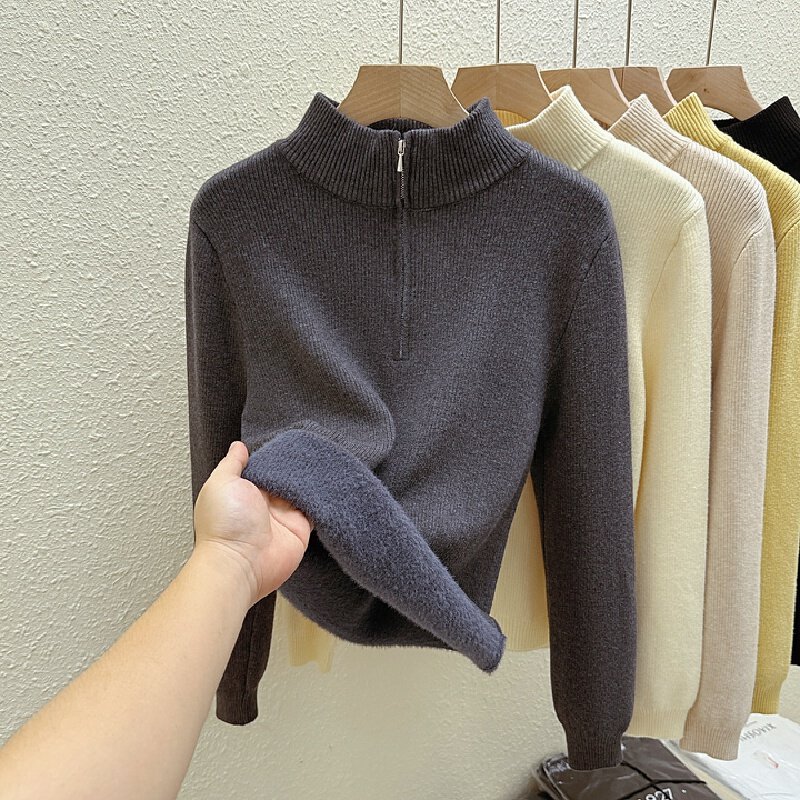 Vapetix Free Size-Free Size Real-shot Fleece-Integrated Mock-Neck Zip-Up Knit Sweater for Women – Thickened & Padded Fall/Winte – Bild 8