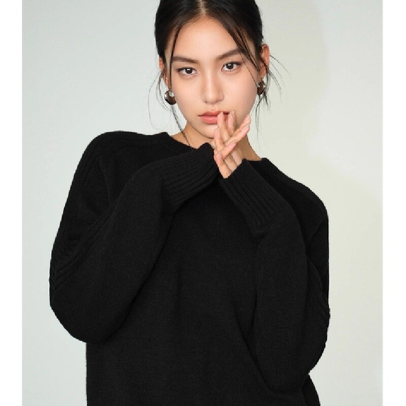Vapetix Free Size-Free Size Women's Loose Black Round Neck Sweater, New Autumn/Winter Korean Style Long Sleeve Casual Hoodless – Bild 9