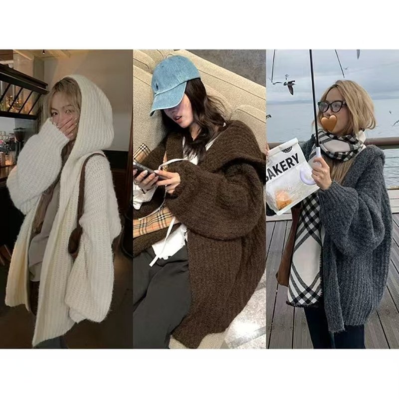 Vapetix Free Size-Free Size Pure Color Loose Casual Lazy Hooded Lantern Sleeve Open Cardigan Sweater Outerwear Top Women's New – Bild 6