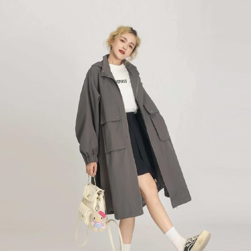 Vapetix S-2XL Grey Hooded Windbreaker Jacket for Women 2025 Spring and Autumn New Korean Style Loose Short Figure – Bild 9