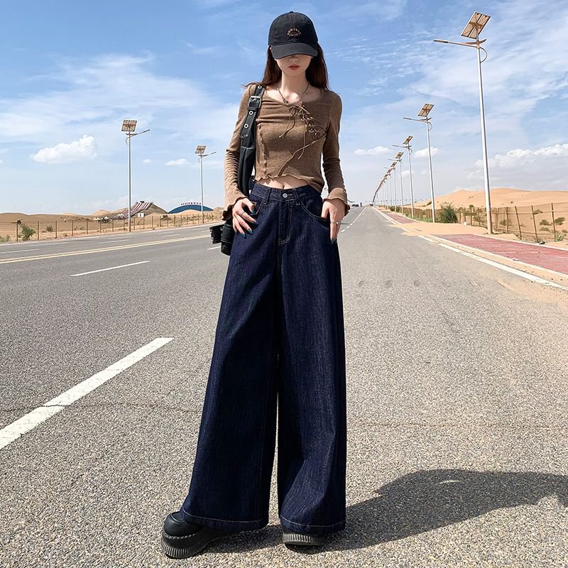 Vapetix XS-XL Autumn American Retro Non-Fading Loose Wide Leg Denim Jeans for Women, Flowy Leisure Drop-Waist Gro – Bild 9