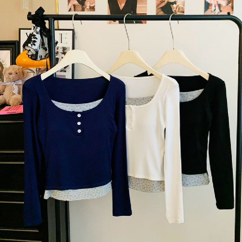 Vapetix Free Size-Free Size Oversized color-blocked two-piece button-down long-sleeve T-shirt for women, perfect for early autu – Bild 8