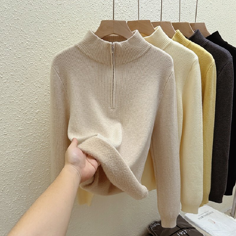 Vapetix Free Size-Free Size Real-shot Fleece-Integrated Mock-Neck Zip-Up Knit Sweater for Women – Thickened & Padded Fall/Winte – Bild 9