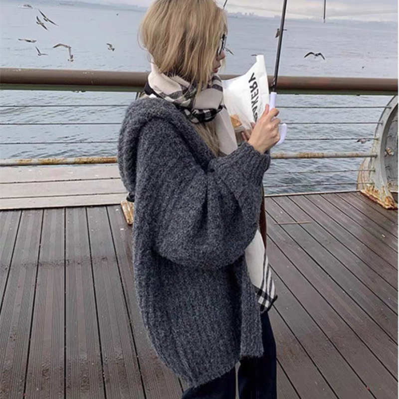 Vapetix Free Size-Free Size Pure Color Loose Casual Lazy Hooded Lantern Sleeve Open Cardigan Sweater Outerwear Top Women's New – Bild 7