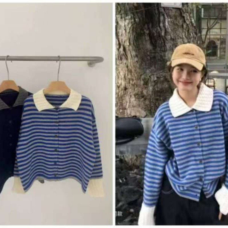 Vapetix S-XL 2025 New Korean-style Loose-Fit, Slimming Design-Statement Striped POLO-Neck Long-Sleeve Knitted Sw – Bild 8