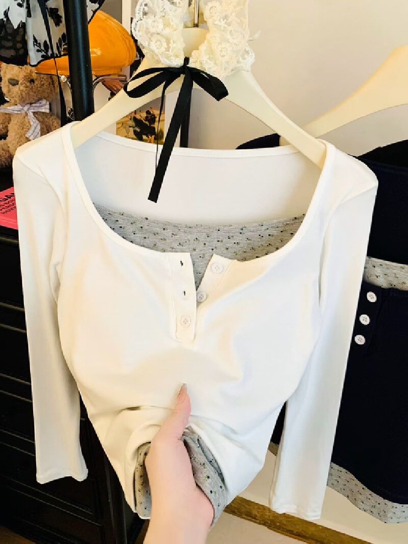 Vapetix Free Size-Free Size Oversized color-blocked two-piece button-down long-sleeve T-shirt for women, perfect for early autu – Bild 9