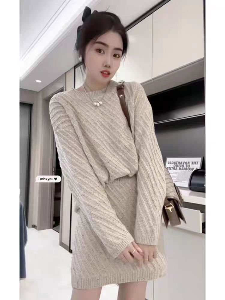 Vapetix Free Size-Free Size Autumn/Winter New Korean Style Indie Chic Relaxed Fit Ribbed Long Sleeve Hooded Sweater Skirt Two-P