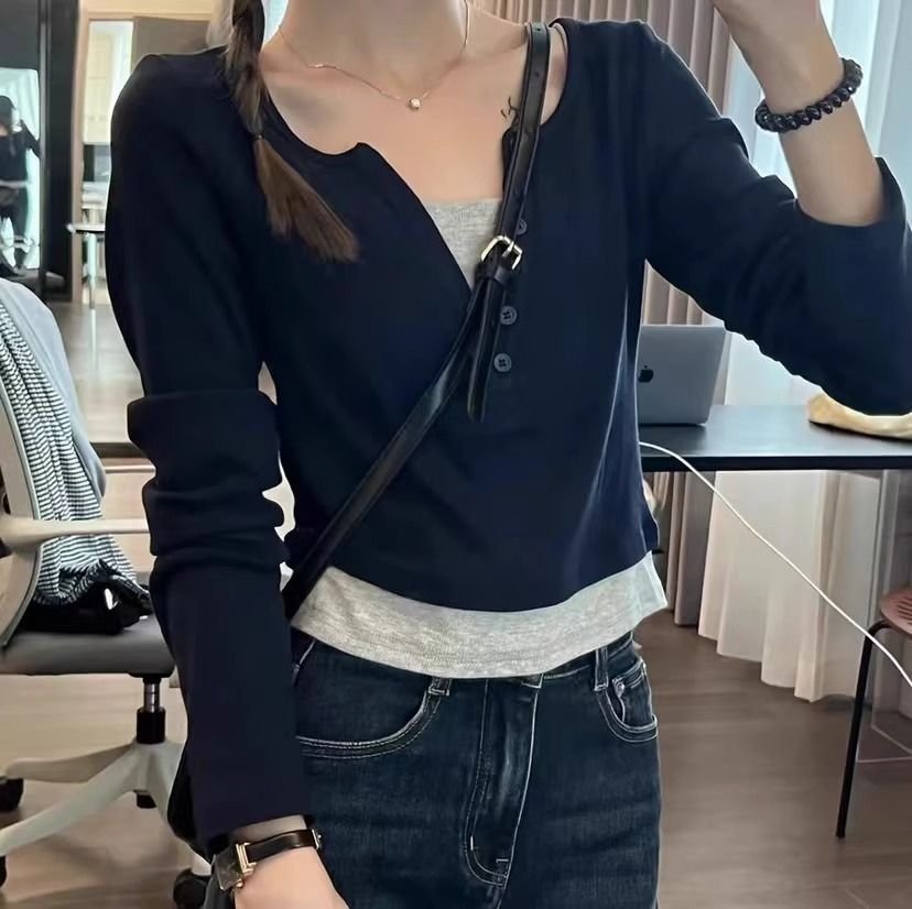 Vapetix S-XL Pure cotton, straight-shoulder, color-blocked, chic long-sleeved base layer—early autumn design wit - 图片 2