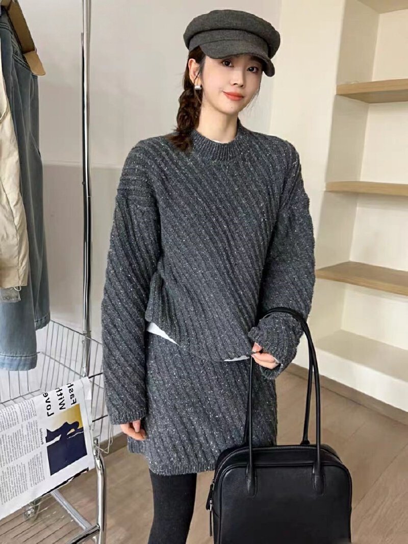 Vapetix Free Size-Free Size Autumn/Winter New Korean Style Indie Chic Relaxed Fit Ribbed Long Sleeve Hooded Sweater Skirt Two-P - 图片 2