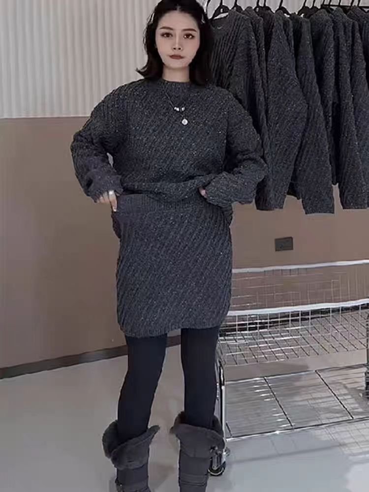 Vapetix Free Size-Free Size Autumn/Winter New Korean Style Indie Chic Relaxed Fit Ribbed Long Sleeve Hooded Sweater Skirt Two-P - 图片 4