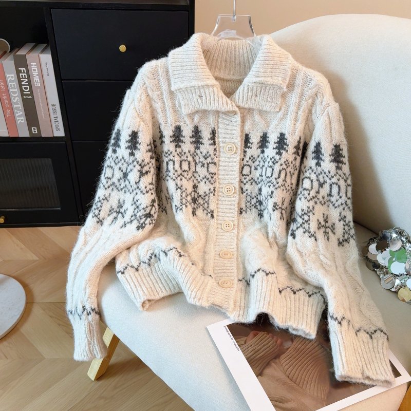 Vapetix Free Size-Free Size Women's Fall and Winter 2025 New Thick Collar Knit Cardigan with Fei Island Lace, Retro and Lazy St - 图片 4