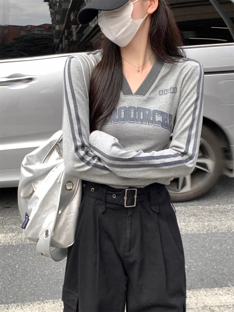 Vapetix S-XL 40-thread 1x1 ribbed cotton spring/fall women's wear new slim-fit V-neck letter-print base shirt se - 图片 3