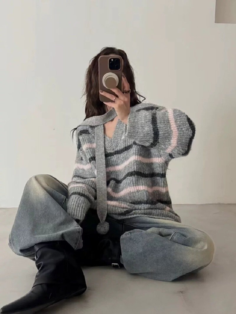 Vapetix Free Size-Free Size Winter 2025 Knit Top Striped Innerwear V-Neck Women's Loose Hanging Neck Turtleneck Korean Thickene - 图片 2