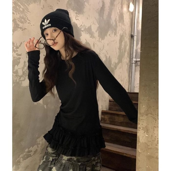 Vapetix S-XL Cotton-Linen Ballet Style Lace Edge Hem Base Top Women's Autumn Layerable Upper Body Slim Fit Long