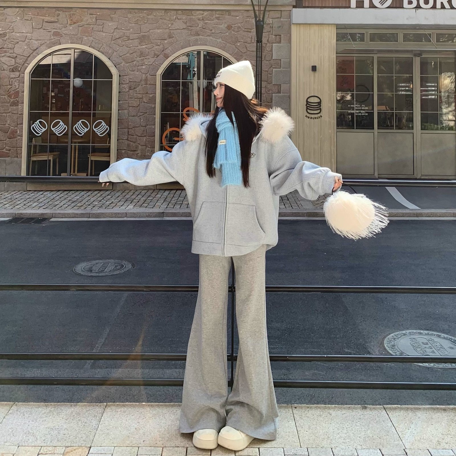 Vapetix S-2XL Grey Micro-Bootcut Women's 2025 Autumn/Winter New Korean Style Wide Leg Fleece Lined Thick Sports C - 图片 2