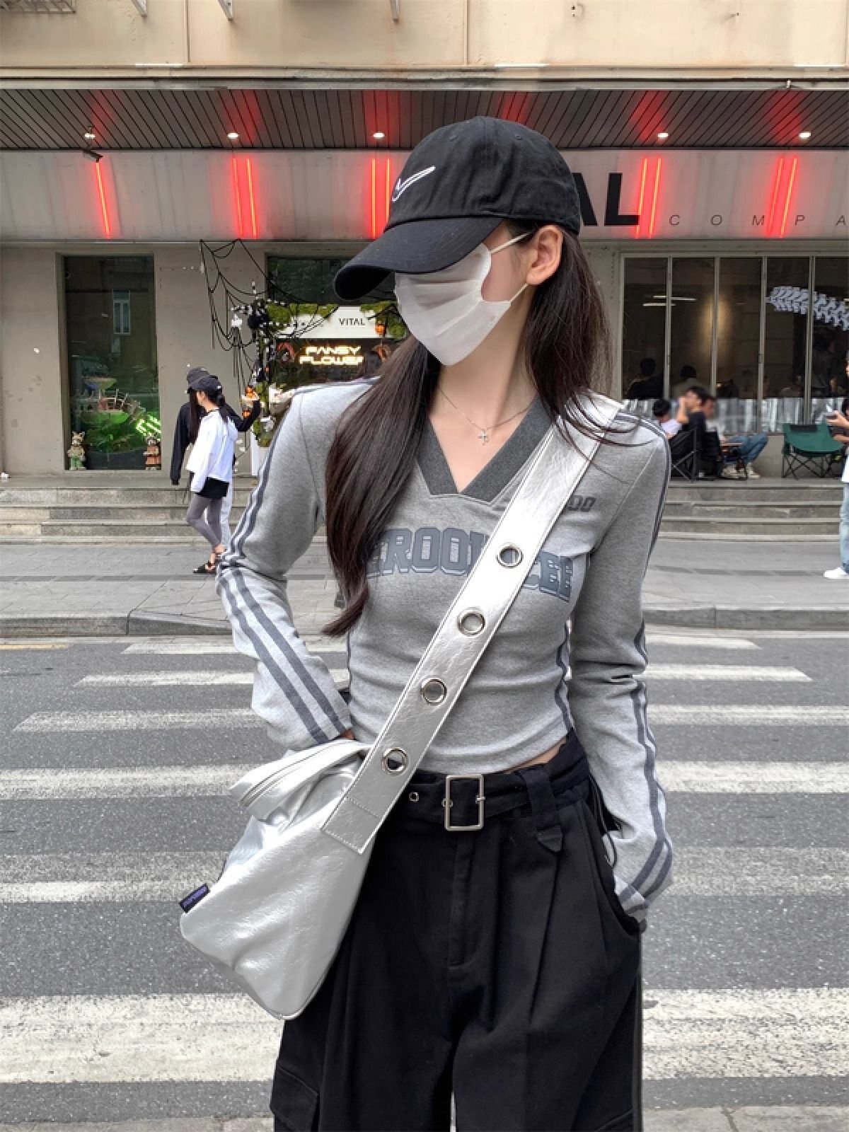 Vapetix S-XL 40-thread 1x1 ribbed cotton spring/fall women's wear new slim-fit V-neck letter-print base shirt se - 图片 4