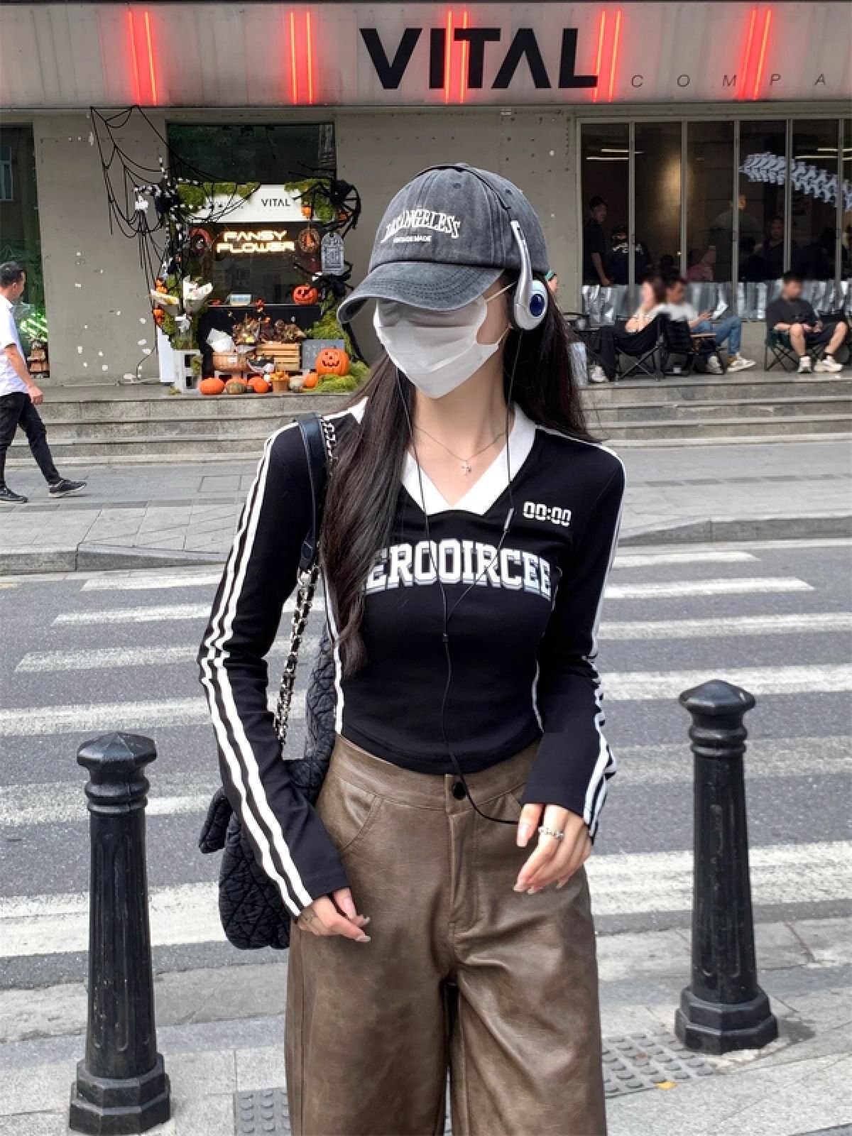 Vapetix S-XL 40-thread 1x1 ribbed cotton spring/fall women's wear new slim-fit V-neck letter-print base shirt se - 图片 6