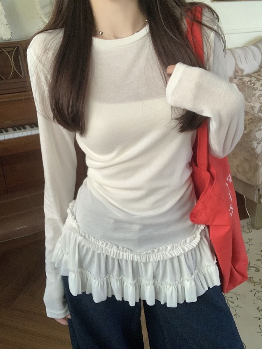 Vapetix S-XL Cotton-Linen Ballet Style Lace Edge Hem Base Top Women's Autumn Layerable Upper Body Slim Fit Long - 图片 2