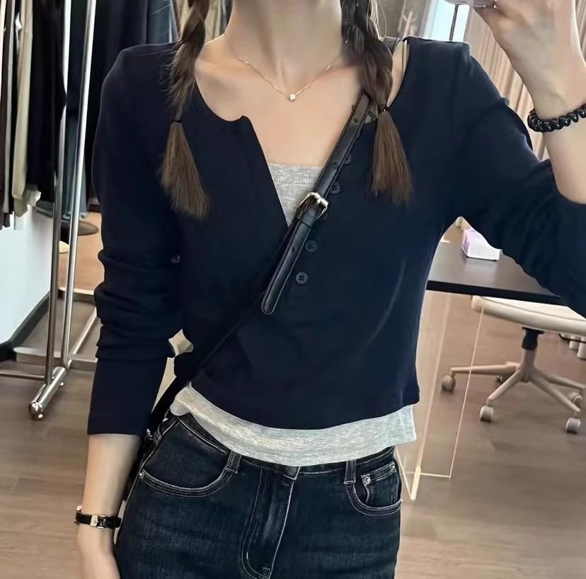 Vapetix S-XL Pure cotton, straight-shoulder, color-blocked, chic long-sleeved base layer—early autumn design wit - 图片 6