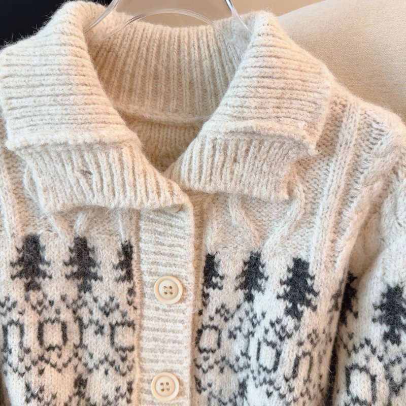 Vapetix Free Size-Free Size Women's Fall and Winter 2025 New Thick Collar Knit Cardigan with Fei Island Lace, Retro and Lazy St - 图片 5