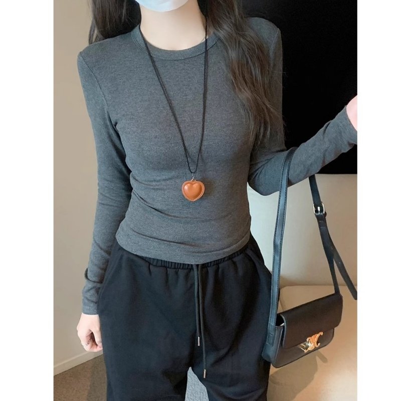 Vapetix S((weight 80-95))-2XL ((Weight 125-140)) Gray round-neck long-sleeved T-shirt for women—new autumn/winter style, pure and alluring, slim-fit - 图片 5