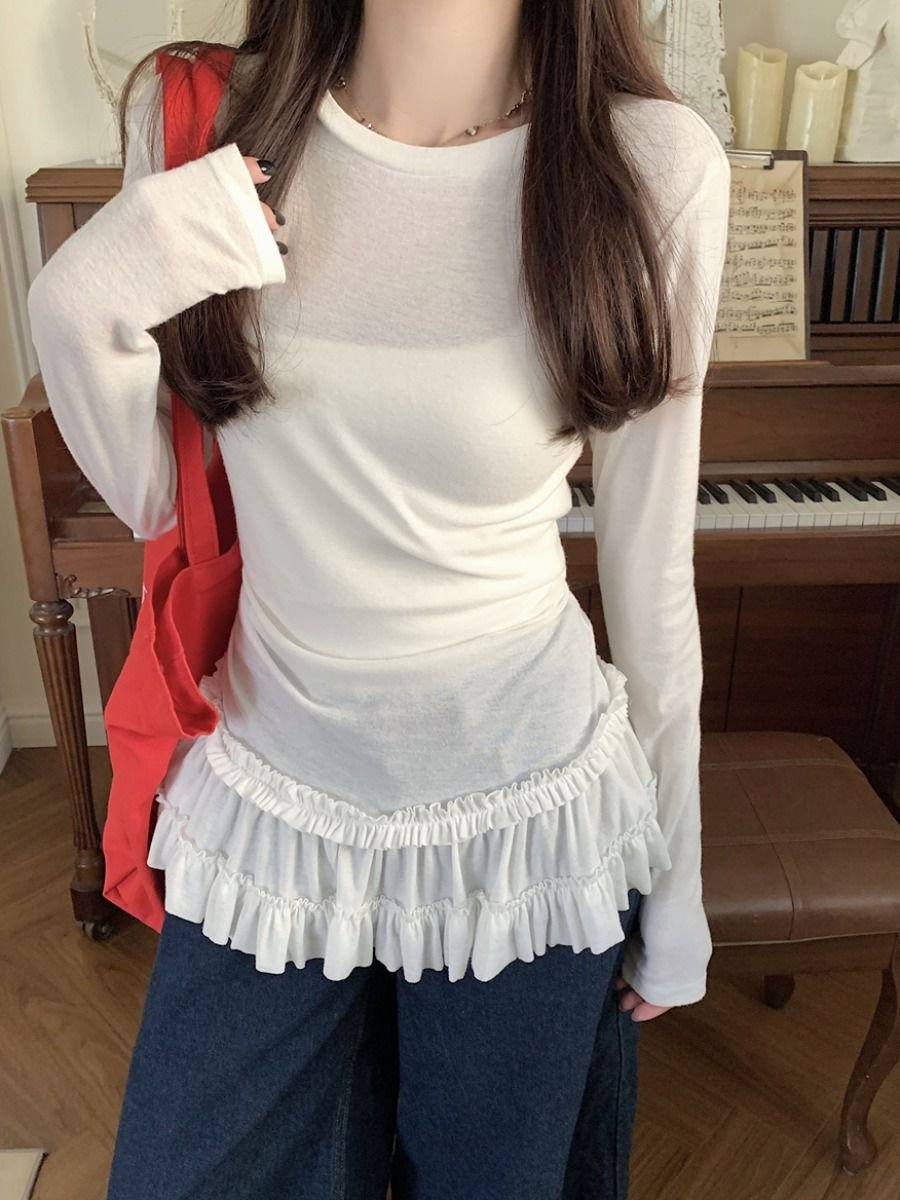 Vapetix S-XL Cotton-Linen Ballet Style Lace Edge Hem Base Top Women's Autumn Layerable Upper Body Slim Fit Long - 图片 3