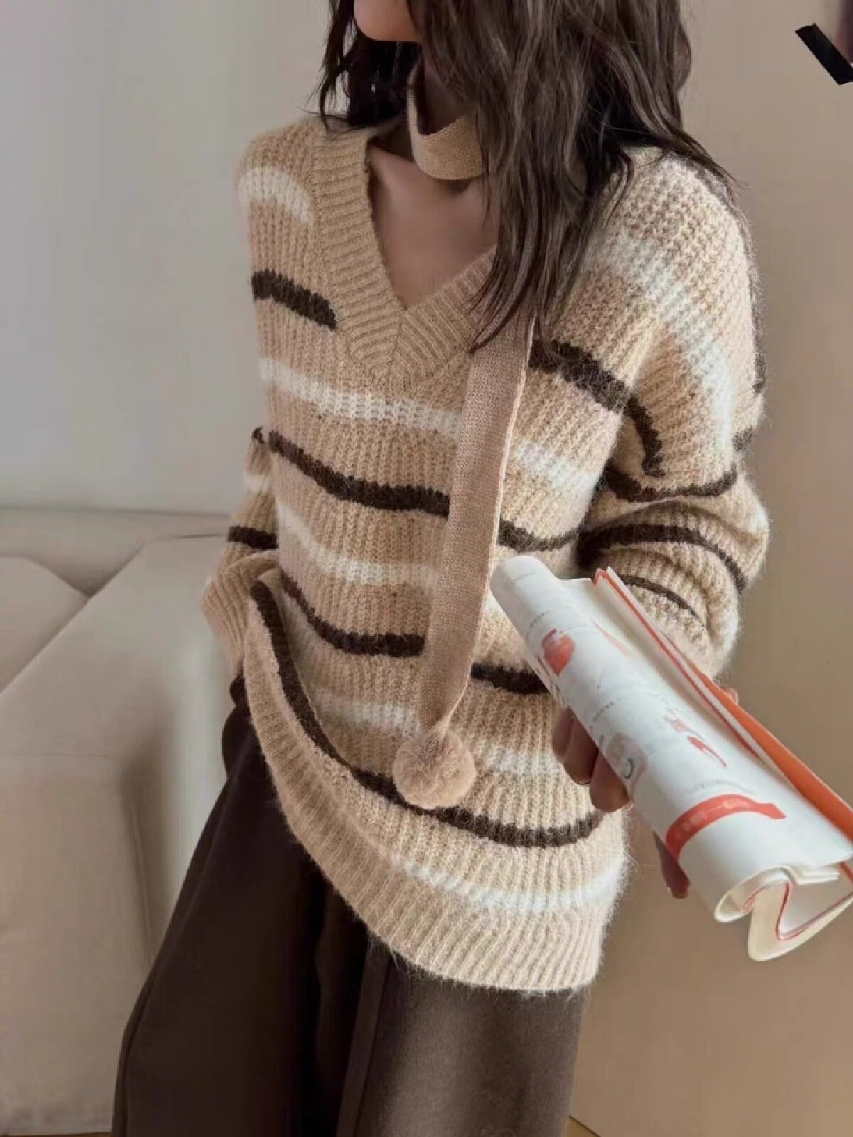 Vapetix Free Size-Free Size Winter 2025 Knit Top Striped Innerwear V-Neck Women's Loose Hanging Neck Turtleneck Korean Thickene - 图片 3