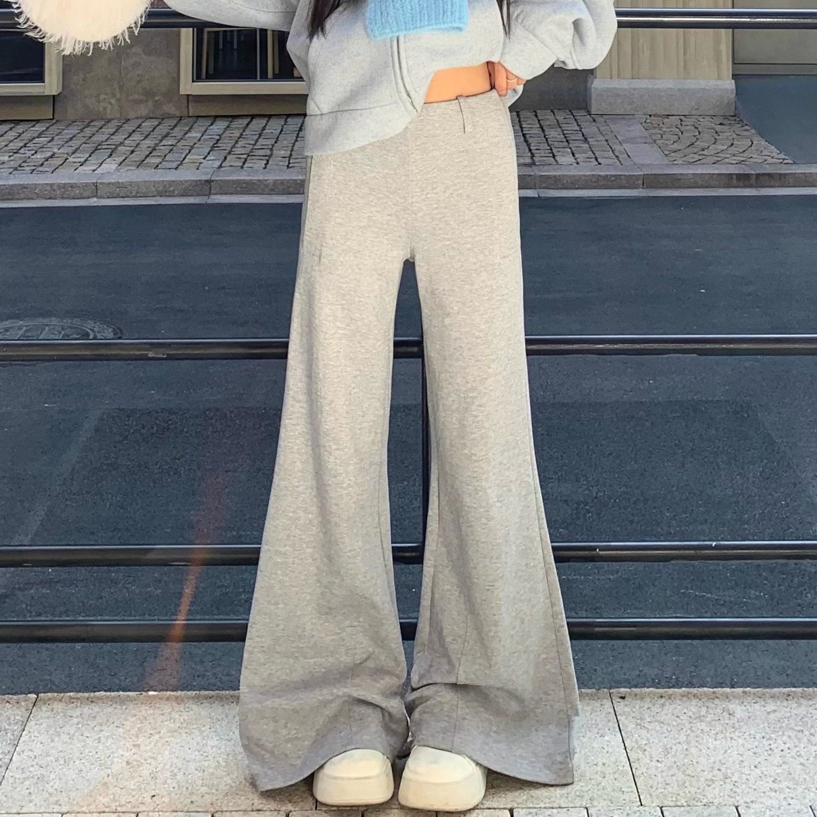 Vapetix S-2XL Grey Micro-Bootcut Women's 2025 Autumn/Winter New Korean Style Wide Leg Fleece Lined Thick Sports C - 图片 5