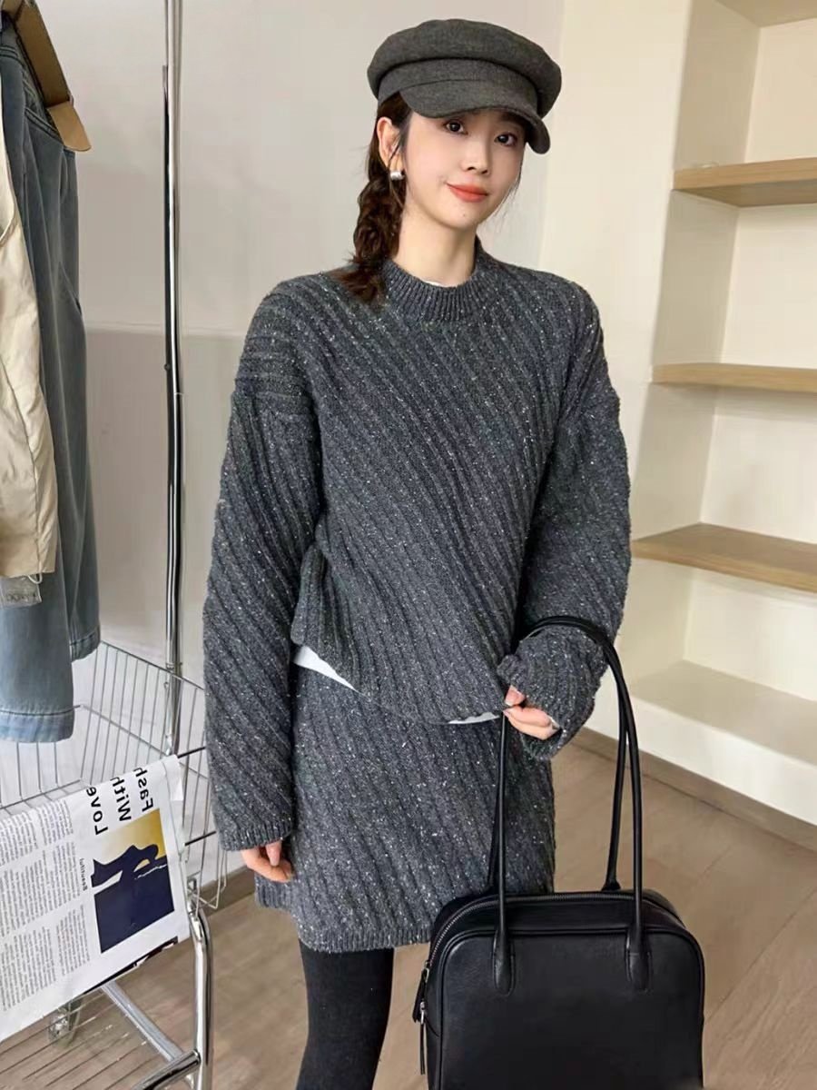 Vapetix Free Size-Free Size Autumn/Winter New Korean Style Indie Chic Relaxed Fit Ribbed Long Sleeve Hooded Sweater Skirt Two-P - 图片 7