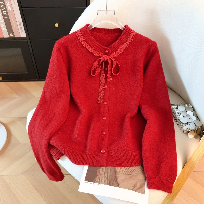 Vapetix Free Size-Free Size Women's Soft and Gentle Knit Cardigan Top with Butterfly Bow and Lace, Spring 2026 Red Version - 图片 4