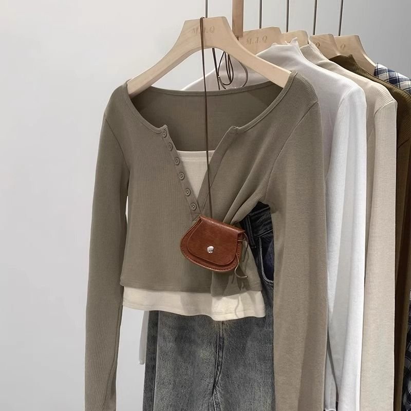 Vapetix S-XL Pure cotton, straight-shoulder, color-blocked, chic long-sleeved base layer—early autumn design wit - 图片 8