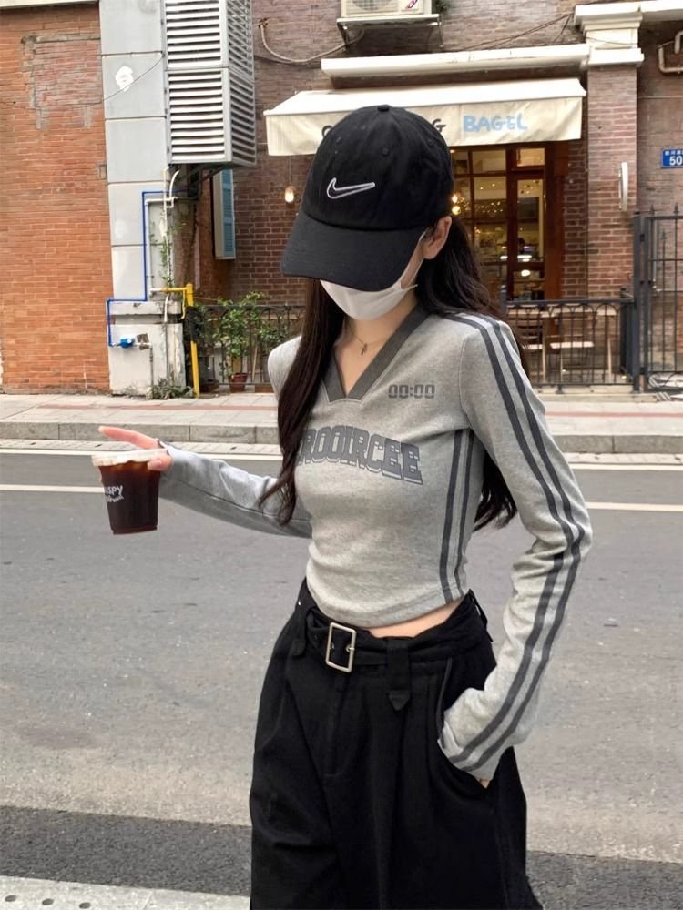 Vapetix S-XL 40-thread 1x1 ribbed cotton spring/fall women's wear new slim-fit V-neck letter-print base shirt se - 图片 7