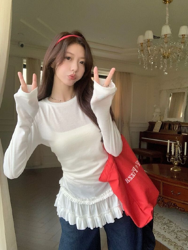 Vapetix S-XL Cotton-Linen Ballet Style Lace Edge Hem Base Top Women's Autumn Layerable Upper Body Slim Fit Long - 图片 6