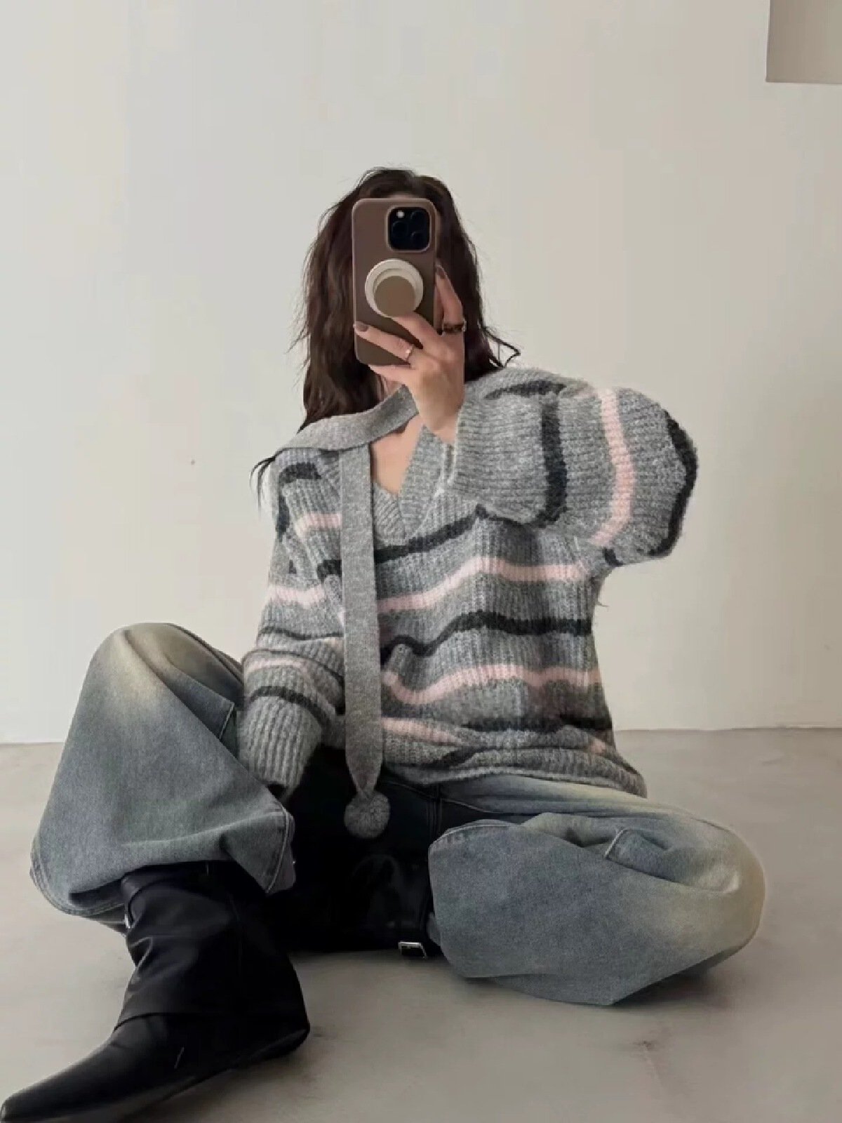 Vapetix Free Size-Free Size Winter 2025 Knit Top Striped Innerwear V-Neck Women's Loose Hanging Neck Turtleneck Korean Thickene - 图片 5